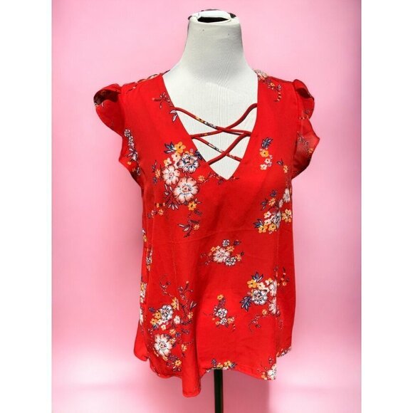 Crescent & Willough red vneck short cap sleeve lightweight floral blouse NEW XL - Picture 2 of 7